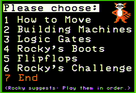 Rocky's Boots (Apple II) screenshot: Main menu