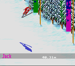 Winter Olympics: Lillehammer '94 (SNES) screenshot: Ski Jump: Soaring through the air