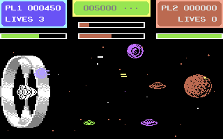Gyropod (Commodore 64) screenshot: The start of a single player game. The double yellow shots come from the rim mounted turret and the single white shots are incoming fire from the aliens.