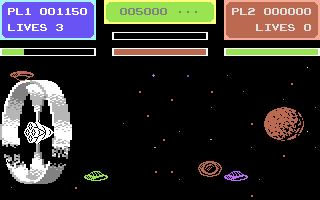 Gyropod (Commodore 64) screenshot: Here the alien ship has hit the turret which means that a life is lost. Notice the damaging effect of enemy fire on the rim.
