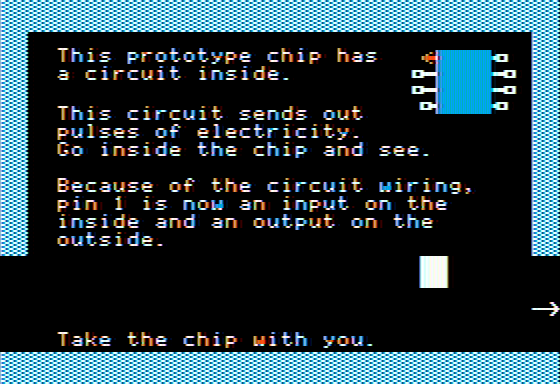 Robot Odyssey (Apple II) screenshot: And now for some chip design basics.
