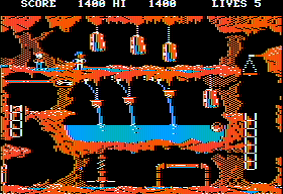 The Goonies (Apple II) screenshot: Those crushing rocks sure look unpleasant bobbing up and down like that.