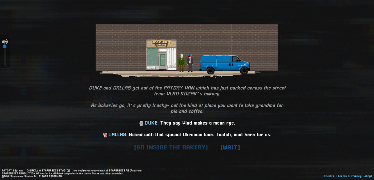 Payday 2: The Text Adventure (Browser) screenshot: At the start of the game, Duke and Dallas are outside a bakery, awaiting your instructions.