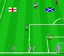 Virtual Soccer (SNES) screenshot: He shoots