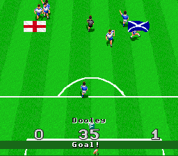 Virtual Soccer (SNES) screenshot: A goal has been scored