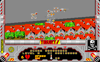 Hellfire Attack (Amiga) screenshot: Flying over a little town