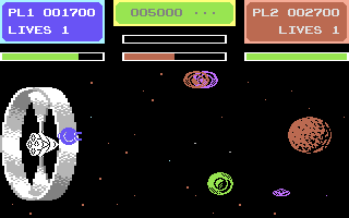 Gyropod (Commodore 64) screenshot: Two player mode is managed as a hot-seat game. As with the single game when a life is lost the player starts again with a full load of ammunition!