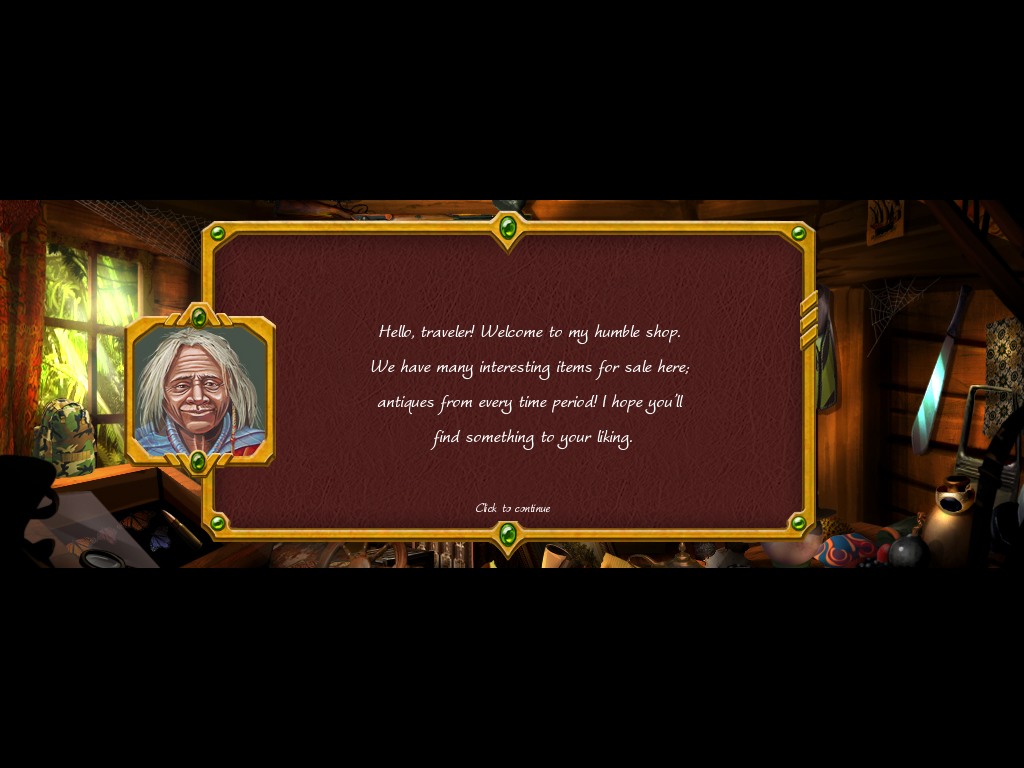Arizona Rose and the Pirates' Riddles (Windows) screenshot: Meeting the antique shop owner