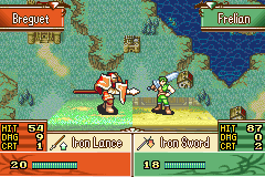 Fire Emblem: The Sacred Stones (Game Boy Advance) screenshot: Lance vs. sword
