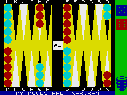 Backgammon (ZX Spectrum) screenshot: The board of play