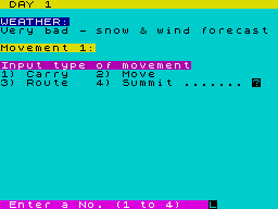 Conquering Everest (ZX Spectrum) screenshot: Bad weather in Camp One