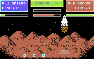 Gyropod (Commodore 64) screenshot: Trying to land safely on the Planet surface!