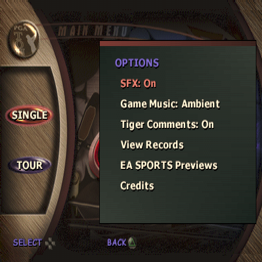 Tiger Woods PGA Tour 2000 (PlayStation) screenshot: The game's main menu consists of just two choices, a single round of golf or a tour. This screenshot also shows the game configuration options that are accessed by pressing SQUARE