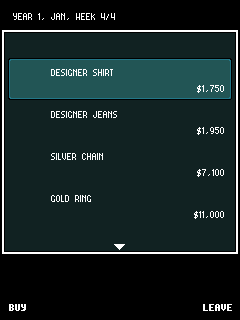Get Rich or Die Tryin' (J2ME) screenshot: The shop sells bling that really doesn't give you much in this game.