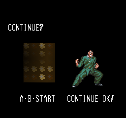 Osu!! Karate Bu (SNES) screenshot: "Continue?" screen. Funny, I "lost the game" while doing a sh*tty training with tree trunks... :)