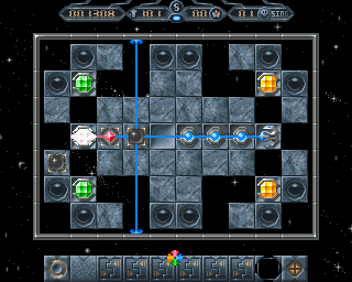 Beambender (Amiga) screenshot: Crystal balls split the beam in three directions