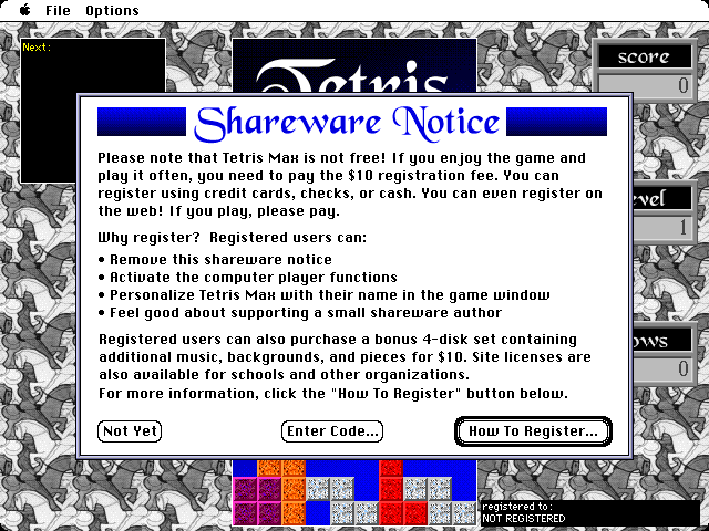 Tetris Max (Macintosh) screenshot: Shareware Notice