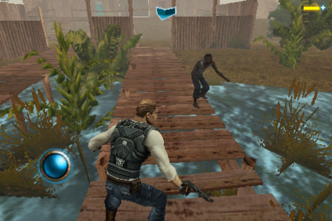 Zombie Infection (iPhone) screenshot: Touch the blue circle to dodge a sudden alligator attack
