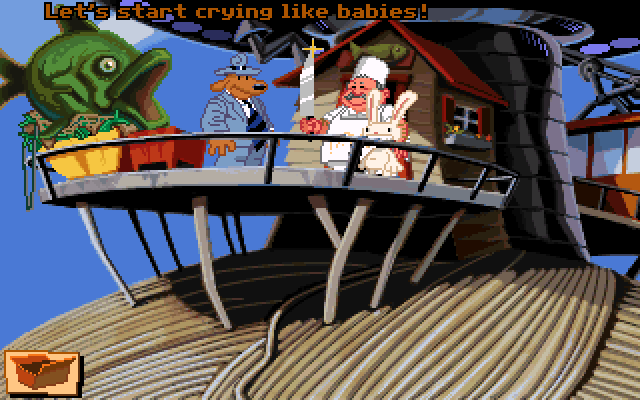 Sam & Max: Hit the Road (Windows) screenshot: This chef doesn't look happy at all to see us messing with his vegetables