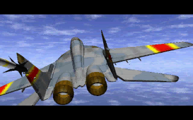 Strike Commander: CD-ROM Edition (FM Towns) screenshot: Intro, that plane is about to get hit by a missile