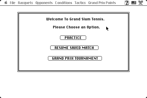 Grand Slam: World Class Tennis (Macintosh) screenshot: Main menu