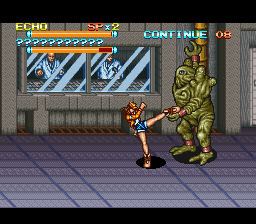 The Peace Keepers (SNES) screenshot: Boss-fight against a large mutant.