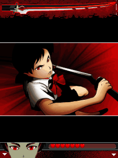 Blood+ (J2ME) screenshot: Activating Bloodlust, we see a picture of Saya and are shown how she unsheathes her sword.