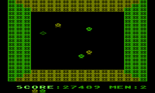 Space Caverns (Atari 8-bit) screenshot: The rooms gradually get smaller...