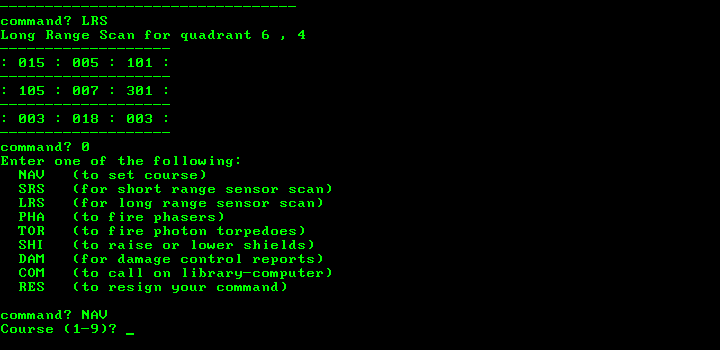 Star Trek (DOS) screenshot: Command list (you can use the function keys instead of the 3-letter codes).