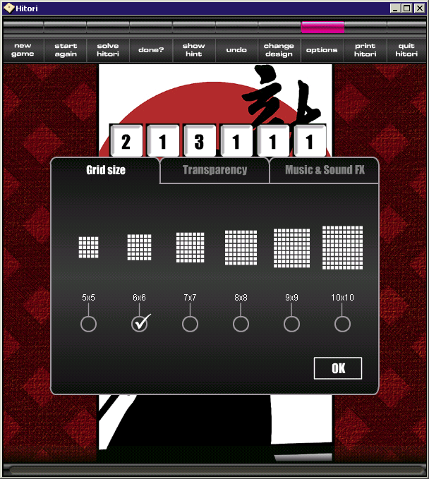 Bumper Brain Puzzle Pack (Windows) screenshot: A game of Hitori. These are the game configuration options