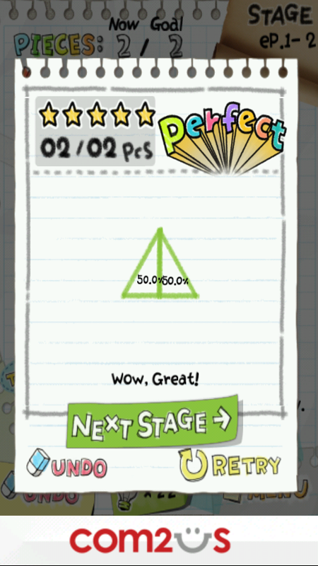 Slice It! (Android) screenshot: Level 2 is a perfect cut!