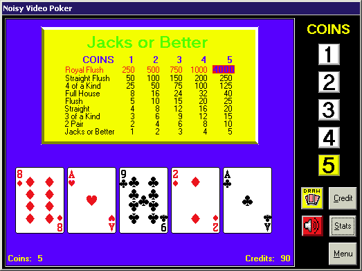 Noisy Video Poker and Blackjack (Windows) screenshot: Jacks Or Better video poker