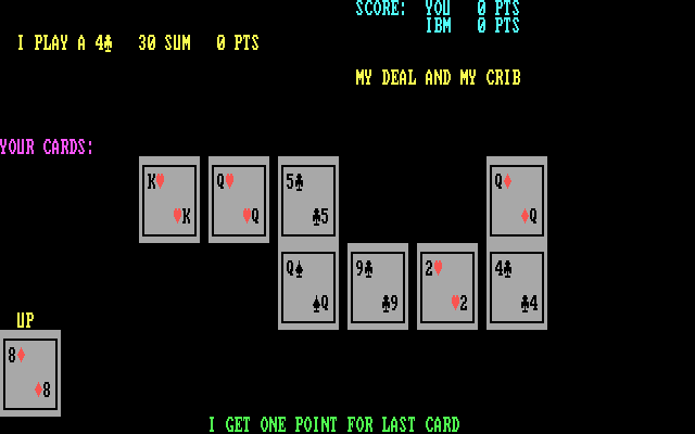 Cribbage (DOS) screenshot: Computer gets one for the go