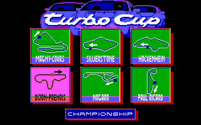 Turbo Cup (DOS) screenshot: Track selection (EGA)