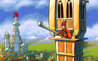 Discworld (DOS) screenshot: View from the tower, with a curiously distorted perspective. At this point, Rincewind just gets a sample of dragon's breath...