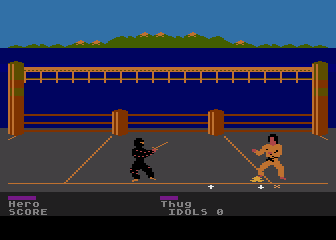 Ninja (Atari 8-bit) screenshot: The Ninja has many defences, the sword...