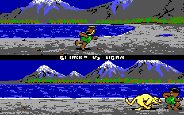 Caveman Ugh-Lympics (DOS) screenshot: the sabre tooth tiger race! - EGA