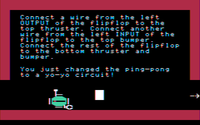 Robot Odyssey (DOS) screenshot: And now for a circuitry test (CGA w/composite monitor)
