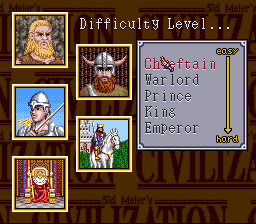 Sid Meier's Civilization (SNES) screenshot: Select difficulty level