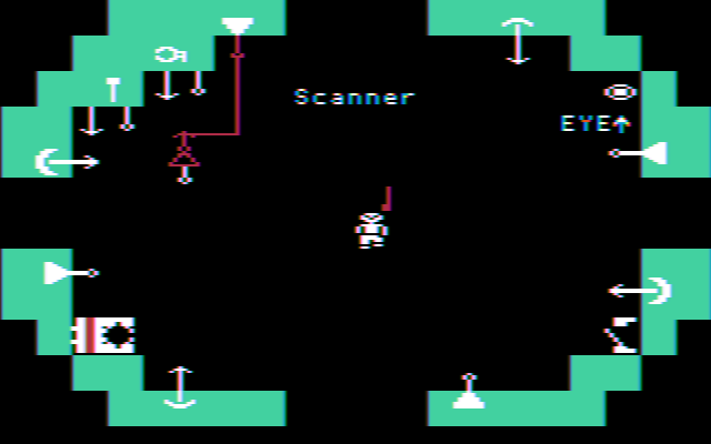 Robot Odyssey (DOS) screenshot: Poking around the robot's innards (CGA w/composite monitor)
