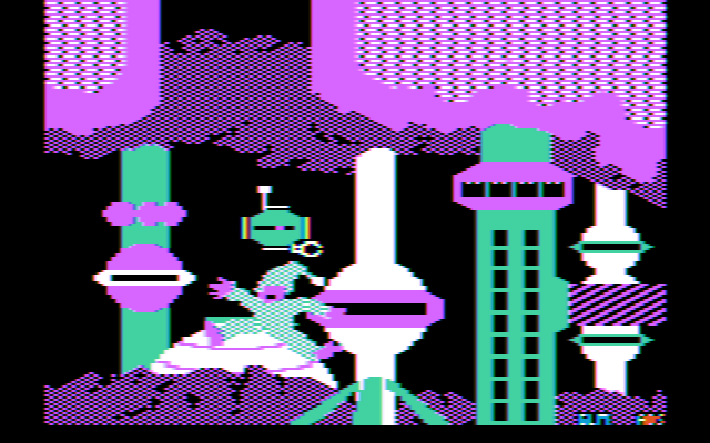 Robot Odyssey (DOS) screenshot: An unorthodox arrival at Robtropolis (CGA w/composite monitor)