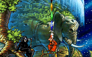 Discworld (DOS) screenshot: Rincewind climbs down to the carapace of the great turtle to retrieve an item (meeting Death again on the way down).