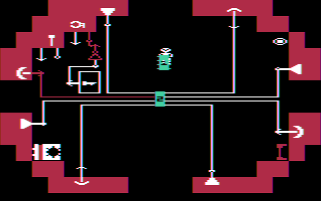 Robot Odyssey (DOS) screenshot: Where does that red wire go now... (CGA w/composite monitor)