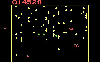 Centipede (DOS) screenshot: ...and a smug scorpion slithers along.