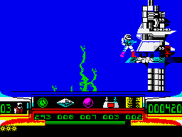 Turrican (ZX Spectrum) screenshot: Strange... ship? Machine? Whatever.