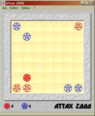 Attax 2000 (Windows) screenshot: A game in progress. Computer is Blue, I am Red. I just clicked the pawn I want to move.