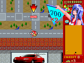'96 Flag Rally (Arcade) screenshot: Bonus points and some danger