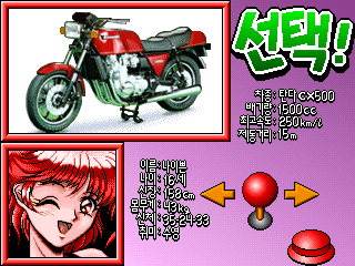 '96 Flag Rally (Arcade) screenshot: Select a bike or car, and a girl.