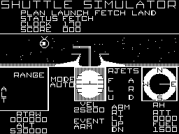 Shuttle Simulator (Dragon 32/64) screenshot: Using the arm to grab the satellite