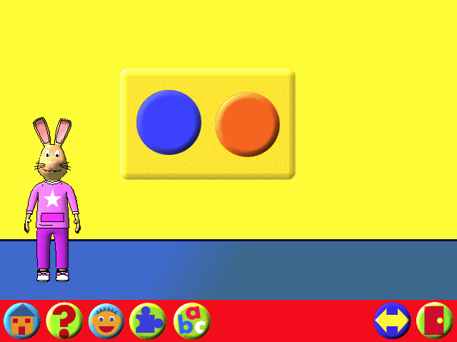 Learning Land 1: At The Playground (Windows) screenshot: There are certain points where the player has to make a choice. As this is aimed at children who may not be able to read the player is instructed to make their choice by clicking on a coloured button